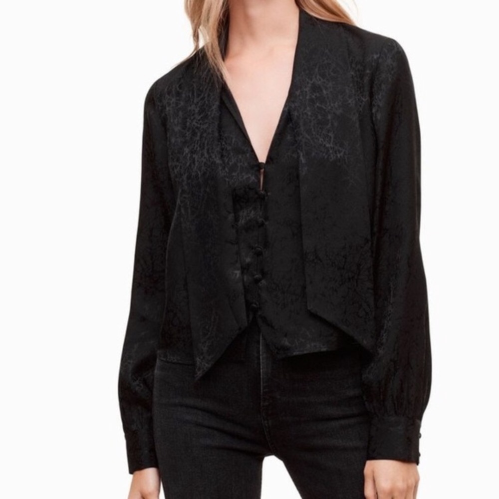 Talula Black Satin-Look Draped Button Front Blouse